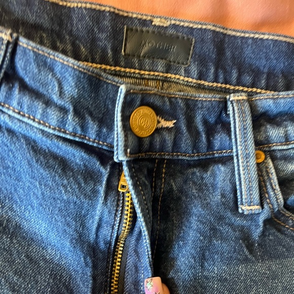 MOTHER Blue Jean Shorts with Distressed Hem and Graphic Text - Picture 5 of 7